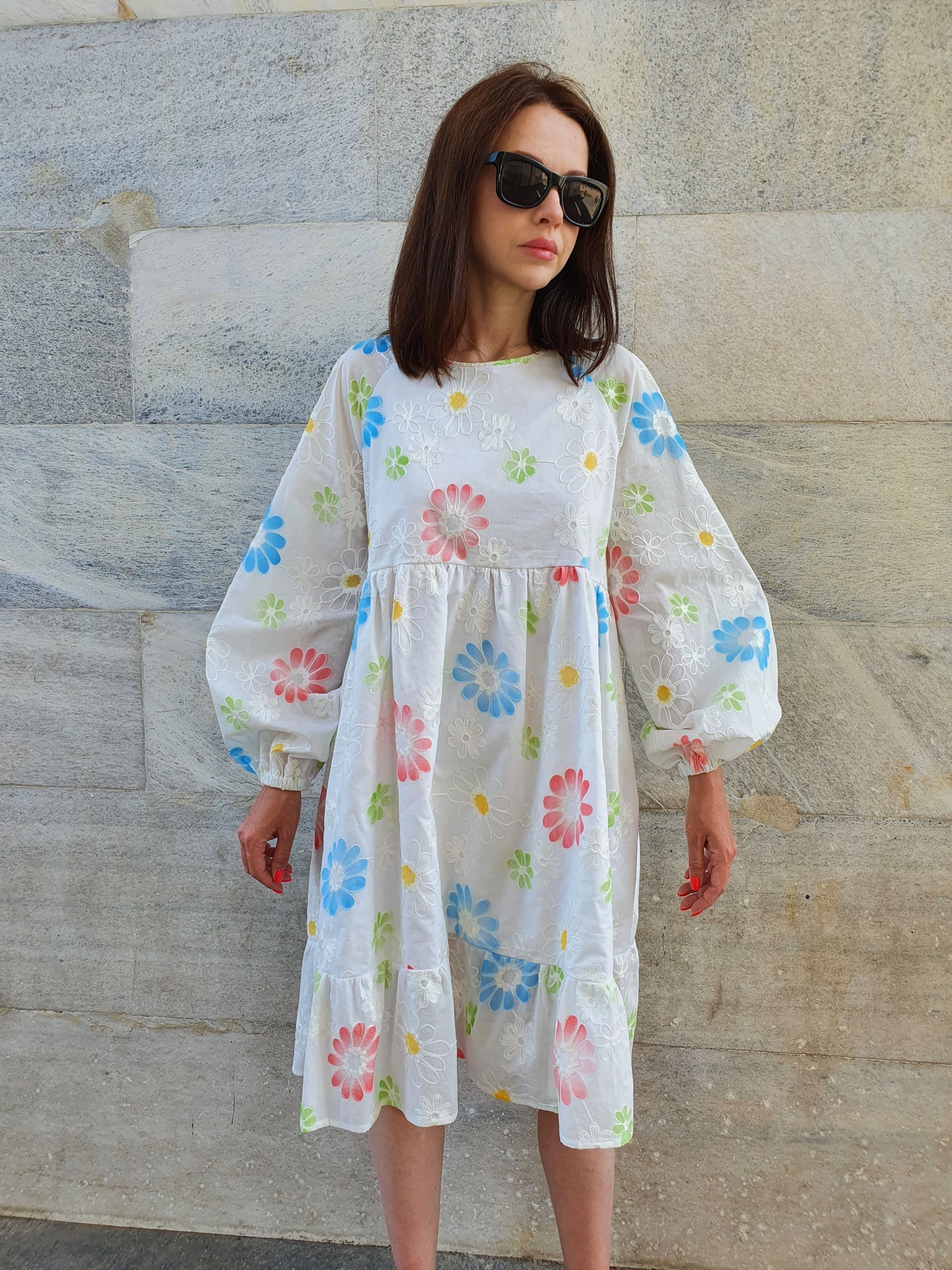 Womens White Dress Embroidered Fabric Vestito Donna Bianco Ricamato