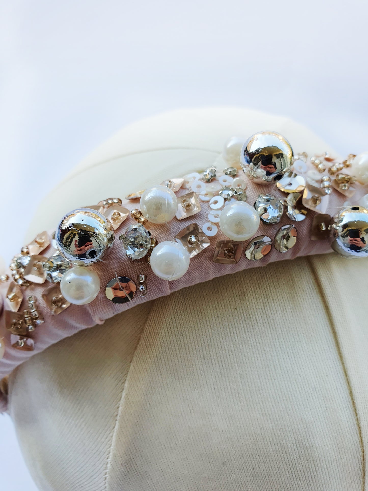Elegant Hand-Embroidered Pearl and Swarovski Diadem