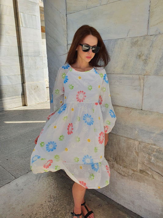 Womens White Dress Embroidered Fabric Vestito Donna Bianco Ricamato