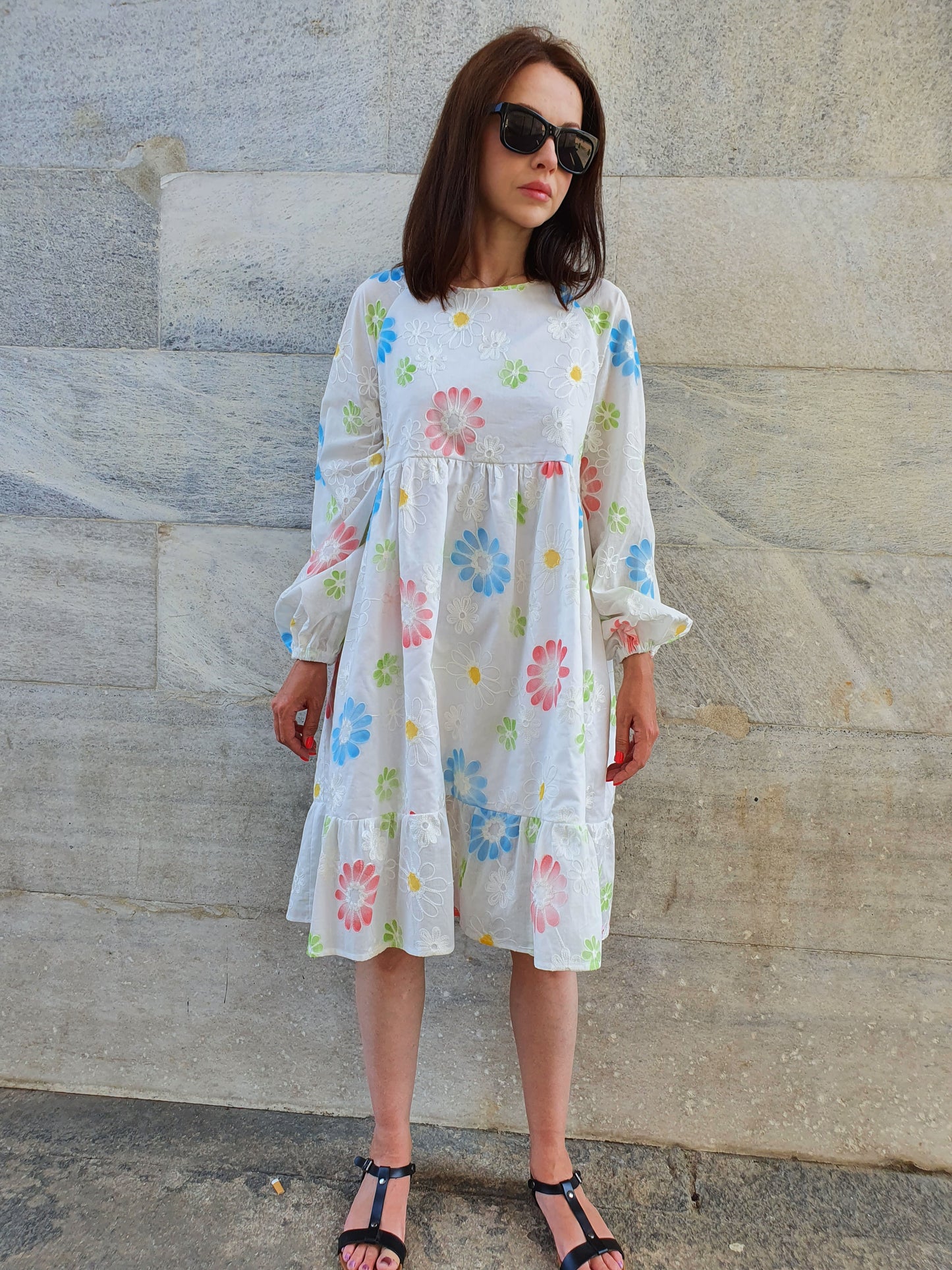 Womens White Dress Embroidered Fabric Vestito Donna Bianco Ricamato