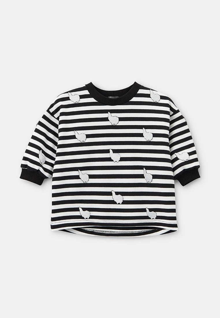 Kids' Oversized Striped Black and White Sweatshirt Embroidered Alpaca Patches