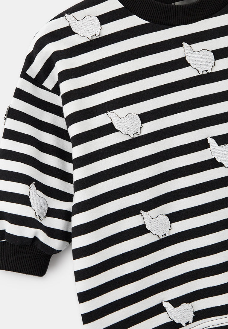 Kids' Oversized Striped Black and White Sweatshirt Embroidered Alpaca Patches