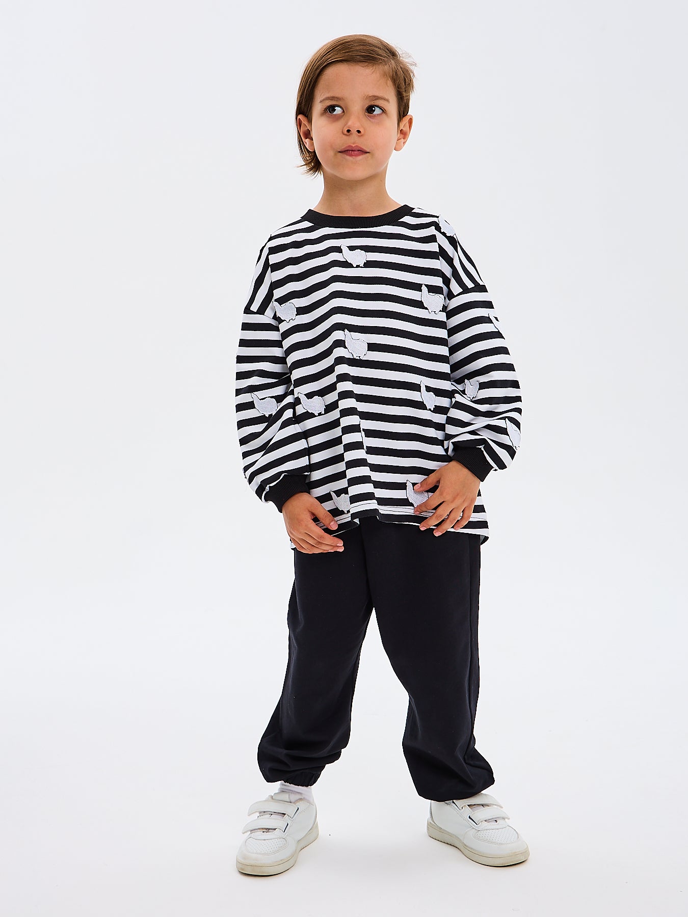 Kids' Oversized Striped Black and White Sweatshirt Embroidered Alpaca Patches