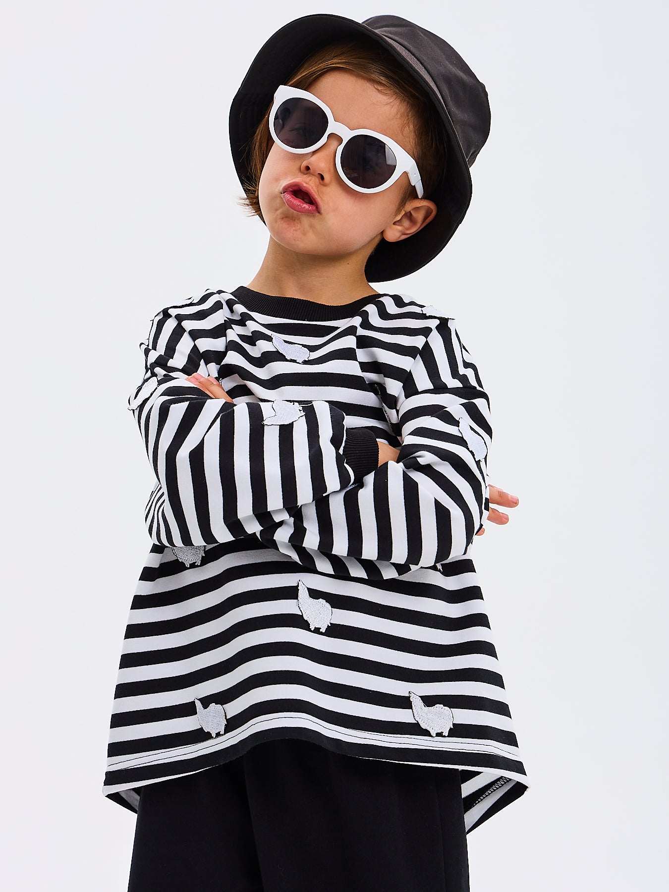 Kids' Oversized Striped Black and White Sweatshirt Embroidered Alpaca Patches