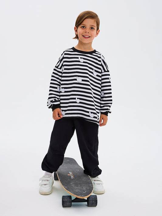 Kids' Oversized Striped Black and White Sweatshirt Embroidered Alpaca Patches
